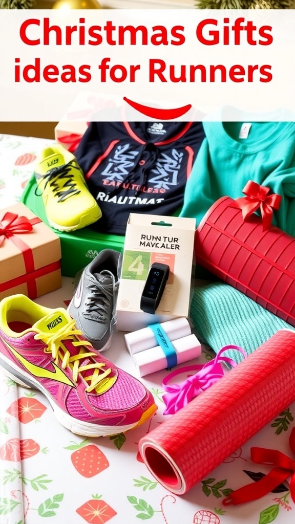 Creative Christmas Gift Ideas for Runners A collection of Christmas gifts for runners including shoes, apparel, and accessories on a decorated table.